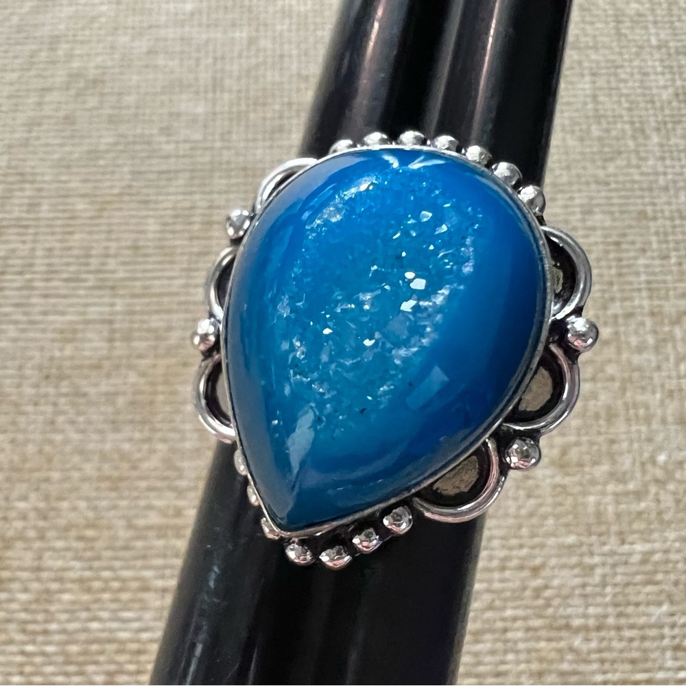 New Blue Druzy Crystal Agate Silver Overlay Ring Size 7.25
